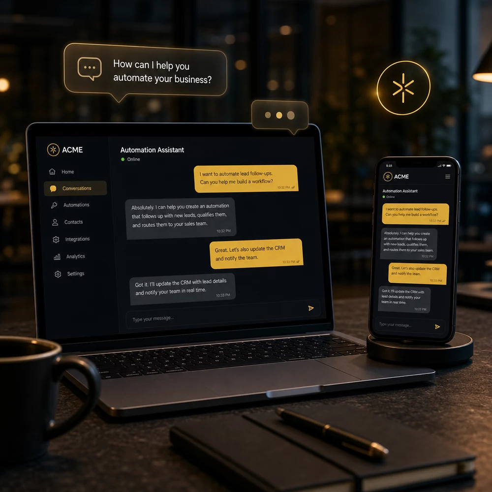 Laptop y celular con bot de atención en chat — Colmena X