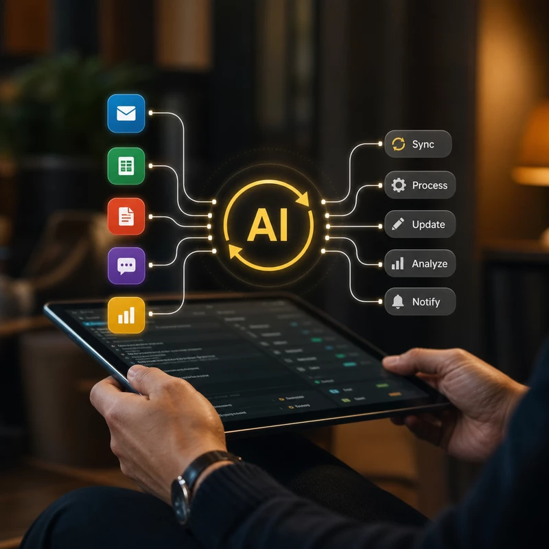 Automatización de aplicaciones para PyMEs — tablet con flujos entre apps — Colmena X