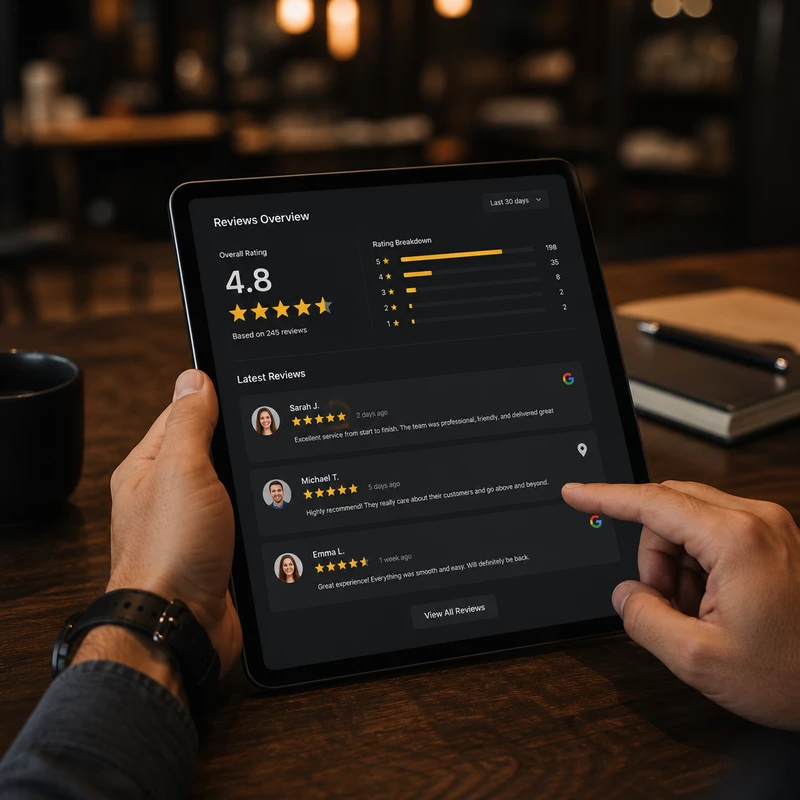 Panel de gestión de reseñas en Google desde una tablet — Colmena X